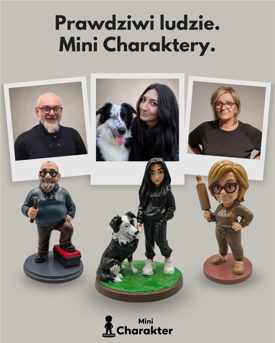 Trzy prawdziwe osoby i stworzone na ich podstawie figurki Mini Charakter